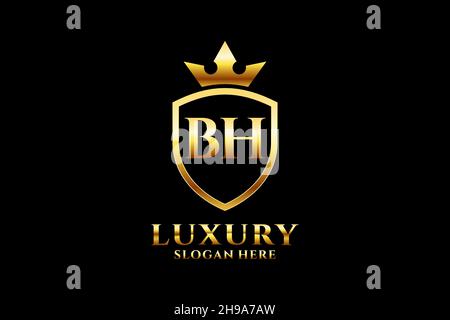 BH elegant luxury monogram logo or badge template with scrolls and royal crown - perfect for luxurious branding projects Stock Vector