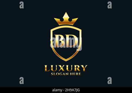 BD elegant luxury monogram logo or badge template with scrolls and royal crown - perfect for luxurious branding projects Stock Vector