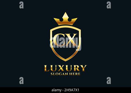 CX elegant luxury monogram logo or badge template with scrolls and royal crown - perfect for luxurious branding projects Stock Vector