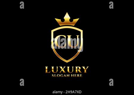 CU elegant luxury monogram logo or badge template with scrolls and royal crown - perfect for luxurious branding projects Stock Vector