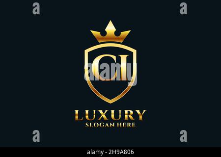 CI elegant luxury monogram logo or badge template with scrolls and royal crown - perfect for luxurious branding projects Stock Vector