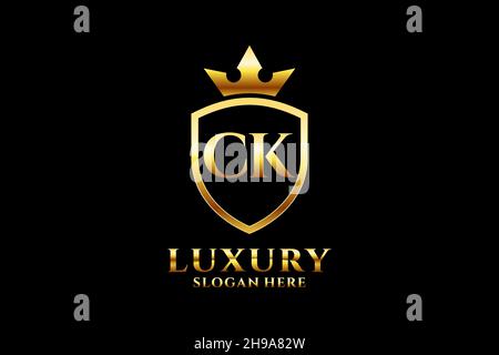 CK elegant luxury monogram logo or badge template with scrolls and royal crown - perfect for luxurious branding projects Stock Vector