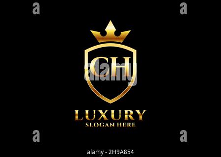 CH elegant luxury monogram logo or badge template with scrolls and royal crown - perfect for luxurious branding projects Stock Vector