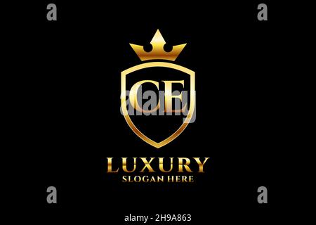 CE elegant luxury monogram logo or badge template with scrolls and royal crown - perfect for luxurious branding projects Stock Vector