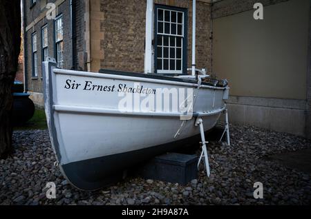 The Sir Ernest Shackleton, a replica of the James Caird, a lifeboat from Shackleton's Antarctic Expedition at The Polar Museum in Cambridge, UK. Stock Photo