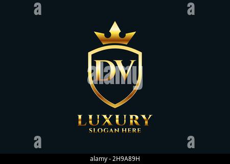 DV elegant luxury monogram logo or badge template with scrolls and royal crown - perfect for luxurious branding projects Stock Vector