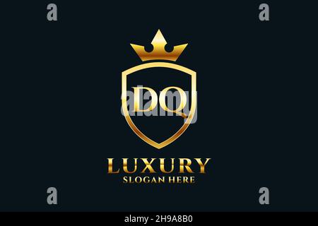 DQ elegant luxury monogram logo or badge template with scrolls and royal crown - perfect for luxurious branding projects Stock Vector