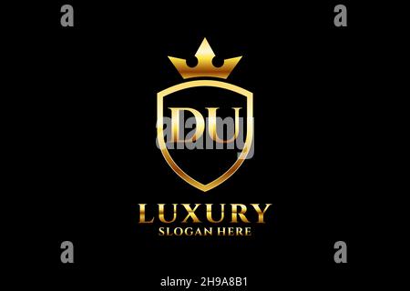 DU elegant luxury monogram logo or badge template with scrolls and royal crown - perfect for luxurious branding projects Stock Vector
