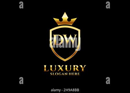 DW elegant luxury monogram logo or badge template with scrolls and royal crown - perfect for luxurious branding projects Stock Vector