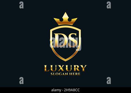 DS elegant luxury monogram logo or badge template with scrolls and royal crown - perfect for luxurious branding projects Stock Vector