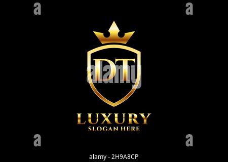 DT elegant luxury monogram logo or badge template with scrolls and royal crown - perfect for luxurious branding projects Stock Vector