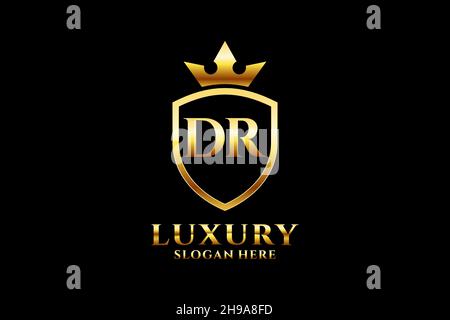 DR elegant luxury monogram logo or badge template with scrolls and royal crown - perfect for luxurious branding projects Stock Vector