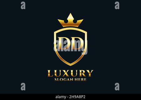 DD elegant luxury monogram logo or badge template with scrolls and royal crown - perfect for luxurious branding projects Stock Vector