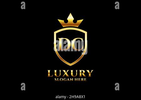 DC elegant luxury monogram logo or badge template with scrolls and royal crown - perfect for luxurious branding projects Stock Vector