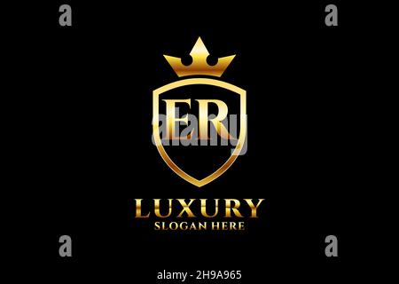ER elegant luxury monogram logo or badge template with scrolls and royal crown - perfect for luxurious branding projects Stock Vector