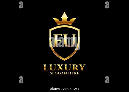 FU elegant luxury monogram logo or badge template with scrolls and royal crown - perfect for luxurious branding projects Stock Vector