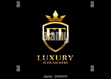 FT elegant luxury monogram logo or badge template with scrolls and royal crown - perfect for luxurious branding projects Stock Vector