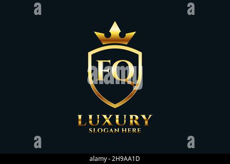 FQ elegant luxury monogram logo or badge template with scrolls and royal crown - perfect for luxurious branding projects Stock Vector