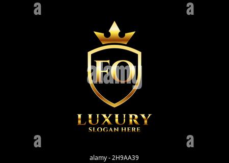 FO elegant luxury monogram logo or badge template with scrolls and royal crown - perfect for luxurious branding projects Stock Vector