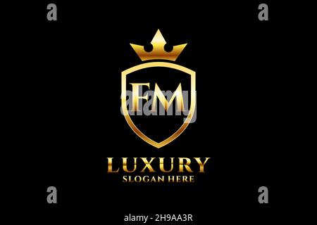 FM elegant luxury monogram logo or badge template with scrolls and royal crown - perfect for luxurious branding projects Stock Vector