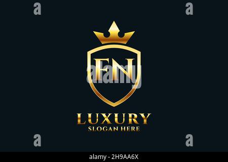 FN elegant luxury monogram logo or badge template with scrolls and royal crown - perfect for luxurious branding projects Stock Vector