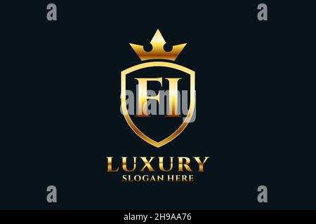 FI elegant luxury monogram logo or badge template with scrolls and royal crown - perfect for luxurious branding projects Stock Vector