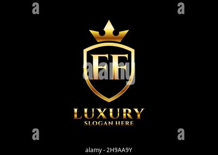FF elegant luxury monogram logo or badge template with scrolls and royal crown - perfect for luxurious branding projects Stock Vector
