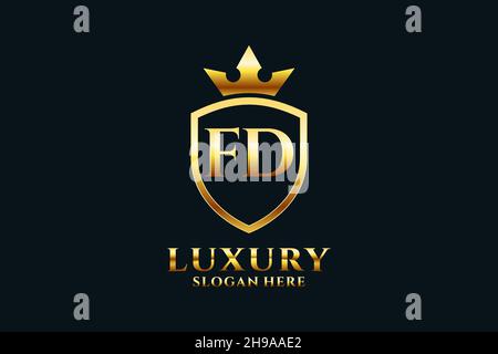 FD elegant luxury monogram logo or badge template with scrolls and royal crown - perfect for luxurious branding projects Stock Vector