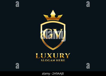 GV elegant luxury monogram logo or badge template with scrolls and royal crown - perfect for luxurious branding projects Stock Vector