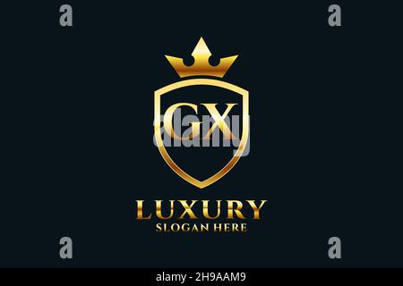 GX elegant luxury monogram logo or badge template with scrolls and royal crown - perfect for luxurious branding projects Stock Vector