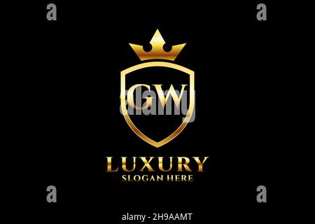 GW elegant luxury monogram logo or badge template with scrolls and royal crown - perfect for luxurious branding projects Stock Vector