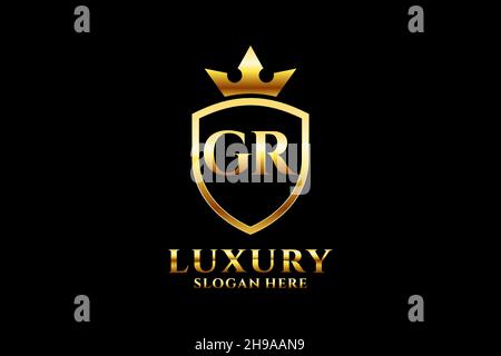 GR elegant luxury monogram logo or badge template with scrolls and royal crown - perfect for luxurious branding projects Stock Vector