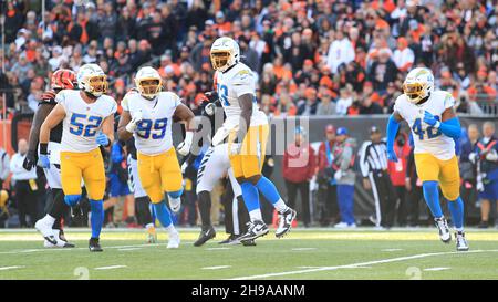 Cincinnati, Ohio, USA. 5th Dec, 2021. Los Angeles Chargers defense celebrates after a 3rd down play, making it 4th down at the NFL football game between the Los Angeles Chargers and the Cincinnati Bengals at Paul Brown Stadium in Cincinnati, Ohio. JP Waldron/Cal Sport Media/Alamy Live News Stock Photo