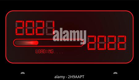 2022 Happy new year digital clock. 2021 loading to up 2022. Red led neon digital time style. Progress bar almost reaching new year eve. Vector Stock Vector