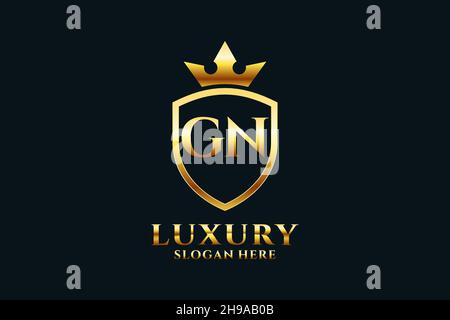 GN elegant luxury monogram logo or badge template with scrolls and royal crown - perfect for luxurious branding projects Stock Vector