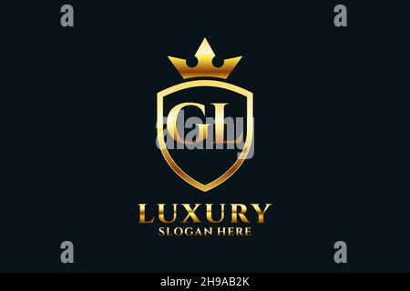 GL elegant luxury monogram logo or badge template with scrolls and royal crown - perfect for luxurious branding projects Stock Vector