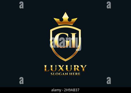 GI elegant luxury monogram logo or badge template with scrolls and royal crown - perfect for luxurious branding projects Stock Vector