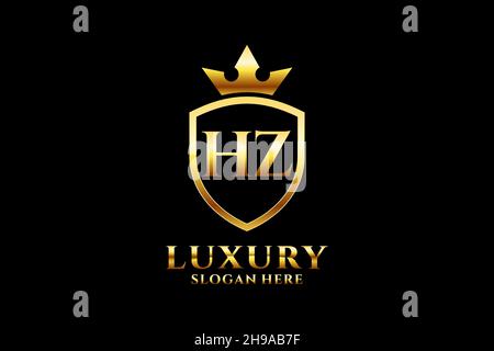 HZ elegant luxury monogram logo or badge template with scrolls and royal crown - perfect for luxurious branding projects Stock Vector