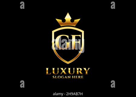 GF elegant luxury monogram logo or badge template with scrolls and royal crown - perfect for luxurious branding projects Stock Vector