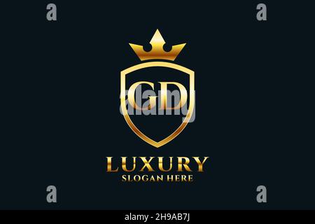 GD elegant luxury monogram logo or badge template with scrolls and royal crown - perfect for luxurious branding projects Stock Vector