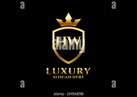 HW elegant luxury monogram logo or badge template with scrolls and royal crown - perfect for luxurious branding projects Stock Vector