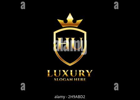 HU elegant luxury monogram logo or badge template with scrolls and royal crown - perfect for luxurious branding projects Stock Vector