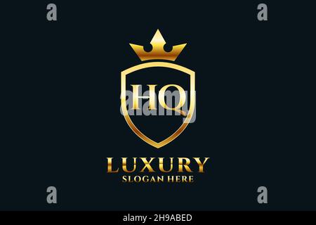 HQ elegant luxury monogram logo or badge template with scrolls and royal crown - perfect for luxurious branding projects Stock Vector