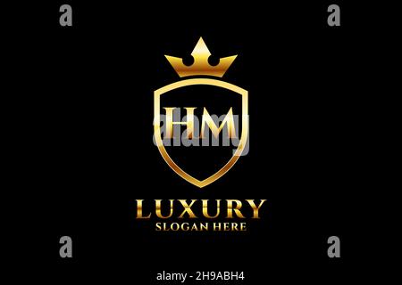 HM elegant luxury monogram logo or badge template with scrolls and royal crown - perfect for luxurious branding projects Stock Vector