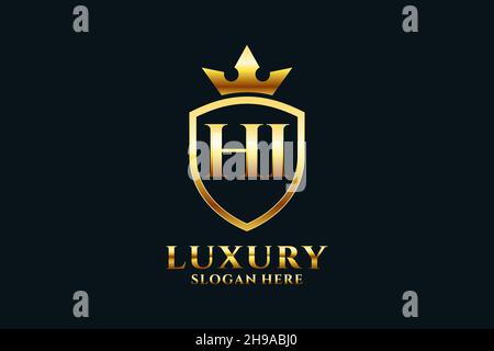 HI elegant luxury monogram logo or badge template with scrolls and royal crown - perfect for luxurious branding projects Stock Vector