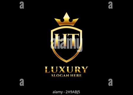 HT elegant luxury monogram logo or badge template with scrolls and royal crown - perfect for luxurious branding projects Stock Vector