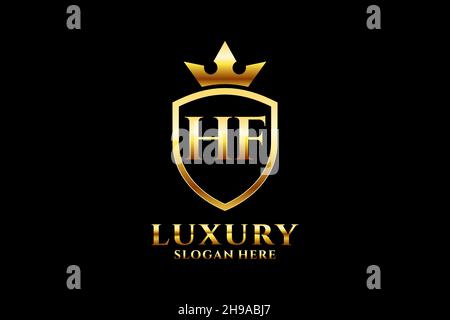 HF elegant luxury monogram logo or badge template with scrolls and royal crown - perfect for luxurious branding projects Stock Vector