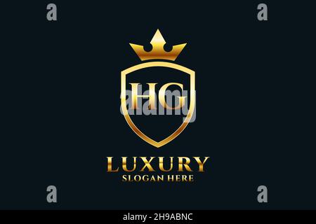 HG elegant luxury monogram logo or badge template with scrolls and royal crown - perfect for luxurious branding projects Stock Vector