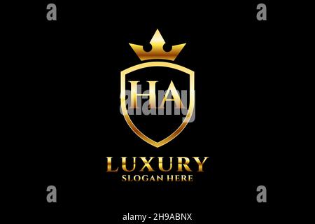 HA elegant luxury monogram logo or badge template with scrolls and royal crown - perfect for luxurious branding projects Stock Vector