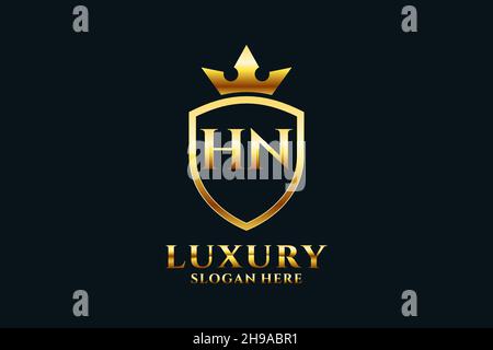 HN elegant luxury monogram logo or badge template with scrolls and royal crown - perfect for luxurious branding projects Stock Vector